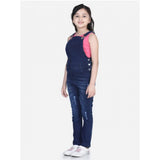 Blue denim distressed buttoned dungaree for girls, casual distressed denim jeans with round neck and pull-on closure