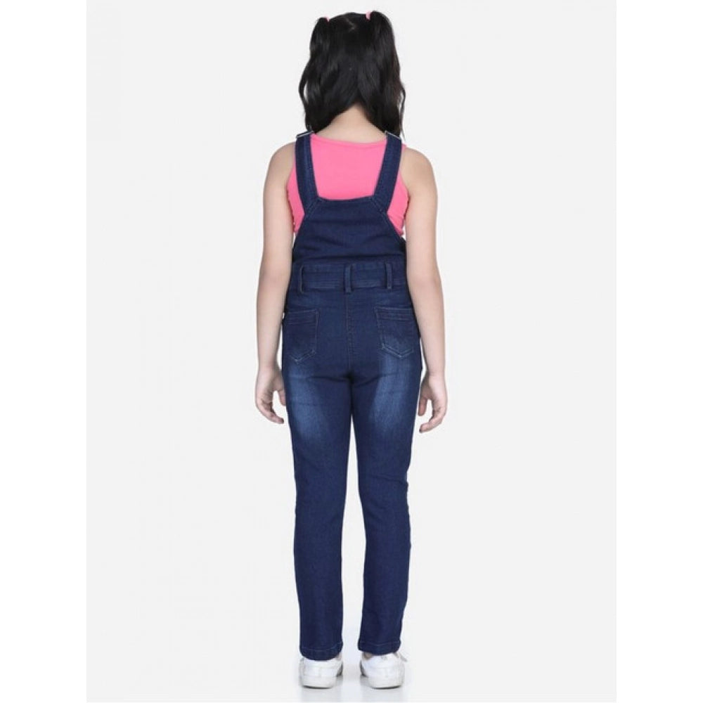 Blue denim distressed buttoned dungaree for girls, casual wear with distressed pattern