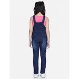 Blue denim distressed buttoned dungaree for girls, casual wear with distressed pattern