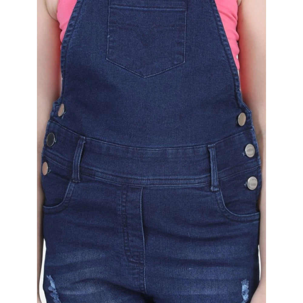 Blue denim distressed buttoned dungaree for girls, casual and durable denim clothing