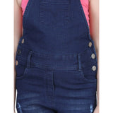 Blue denim distressed buttoned dungaree for girls, casual and durable denim clothing