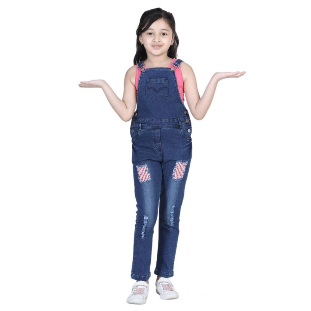 Blue denim patchwork dungaree for girls, buttoned waist with round neck and pull-on closure