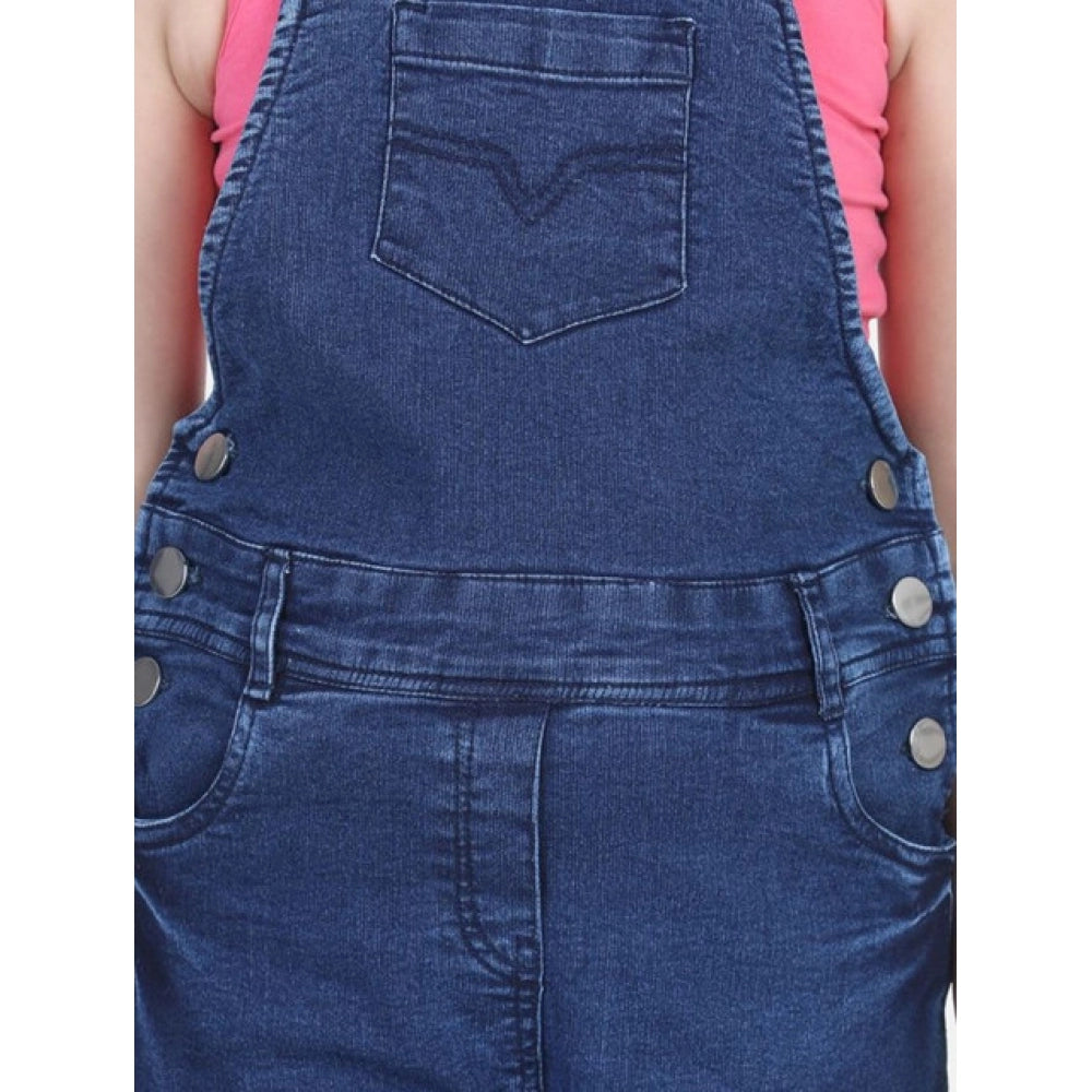 Blue denim patch work dungaree for girls, round neck with buttoned waist, pull-on closure