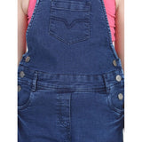 Blue denim patch work dungaree for girls, round neck with buttoned waist, pull-on closure