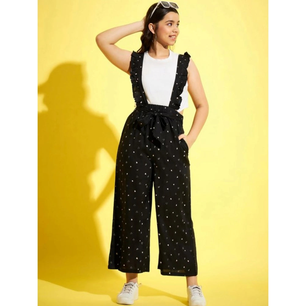 Black-White printed cotton sleeveless dungaree for girls on model