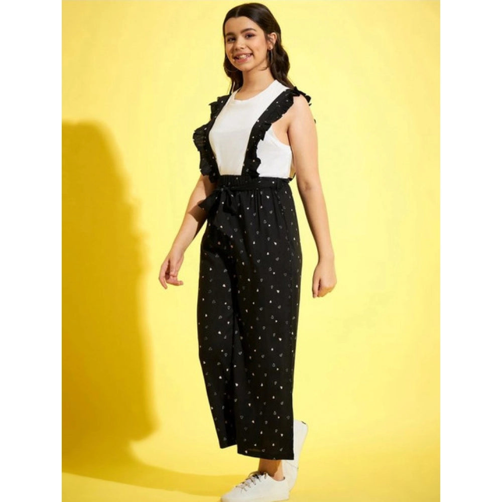 Black-White printed cotton sleeveless dungaree for girls, round neck with pull-on closure