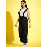 Black-White printed cotton sleeveless dungaree for girls, round neck with pull-on closure