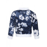White-Blue polyester printed long sleeves bomber jacket for girls with mandarin collar and zip closure, featuring a bold pattern design