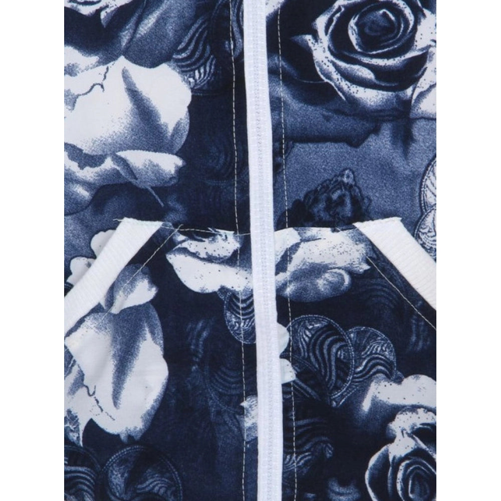 White-Blue printed polyester long sleeves bomber jacket for girls, mandarin collar and zip closure detail