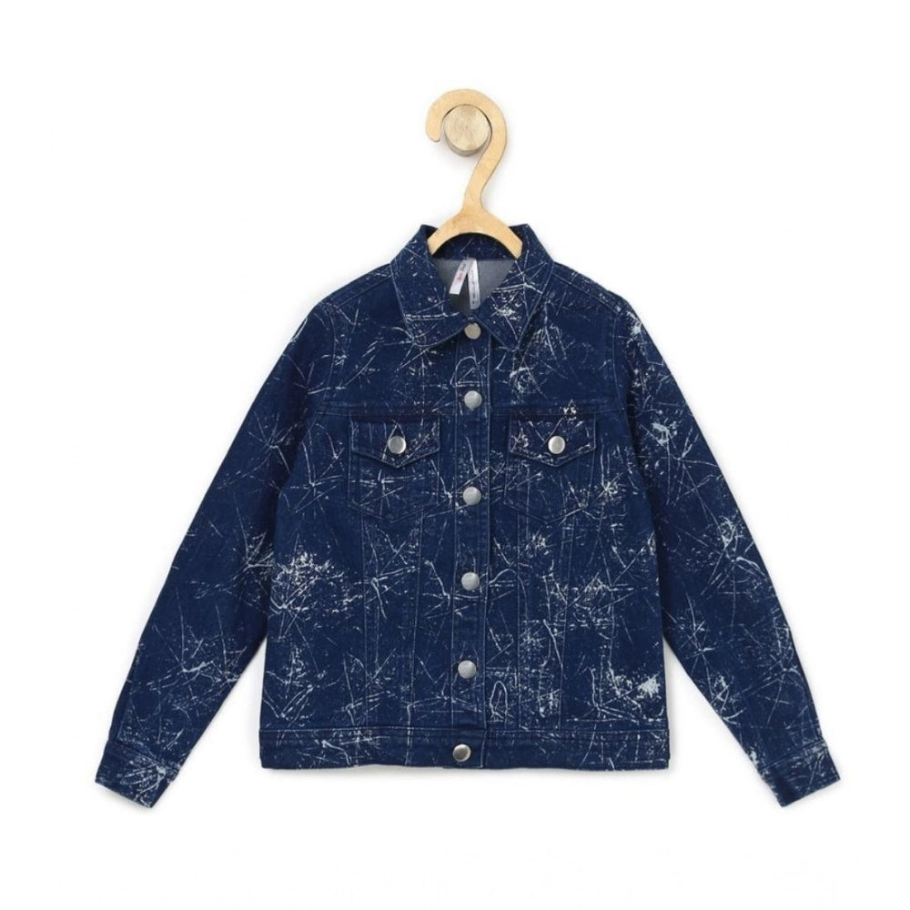 Blue denim flutter jacket with crinkle pattern for girls, washed denim shirt collar style, regular length, button closure
