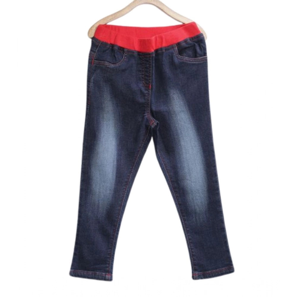 Red-Blue ribbed denim elasticated jeans for girls, versatile casual wear for playtime