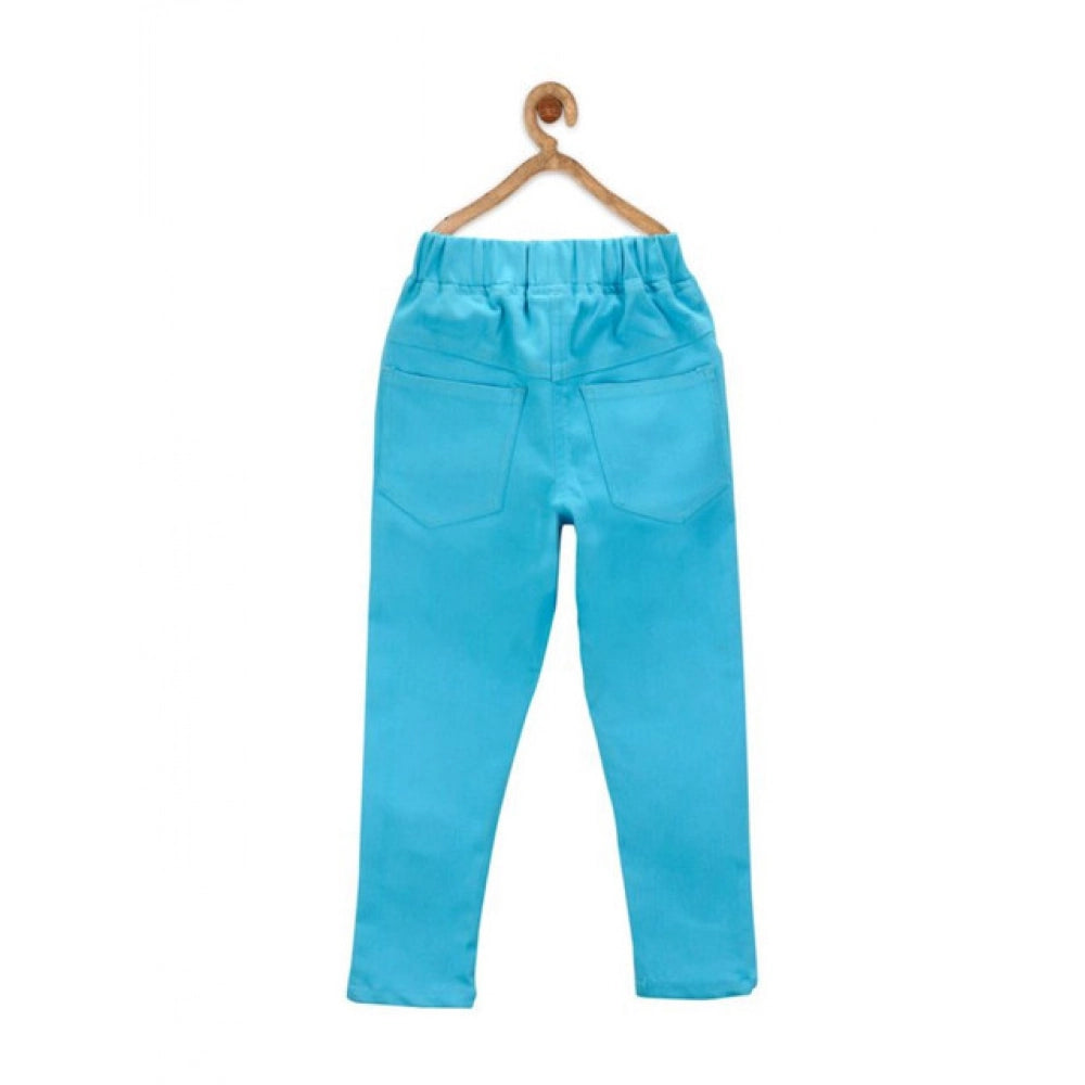 Blue denim girl's elasticated jeggings, solid pattern for casual wear
