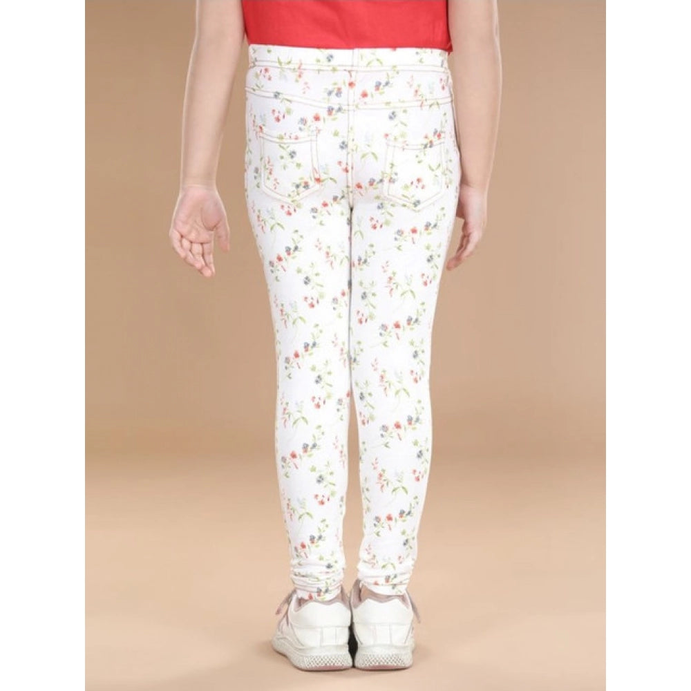 White-green floral cotton lycra jeggings for girls - elastic waist, casual wear