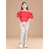 White-Pink cotton lycra floral elasticated jeggings for girls, casual wear with floral pattern