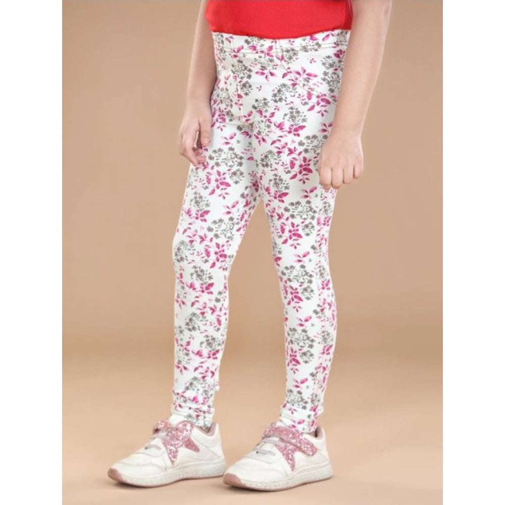 White-Pink cotton lycra floral elasticated jeggings for girls, perfect casual wear with a touch of floral pattern
