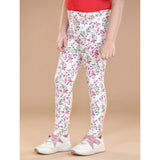 White-Pink cotton lycra floral elasticated jeggings for girls, perfect casual wear with a touch of floral pattern