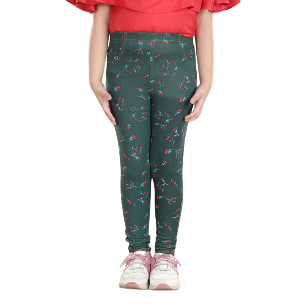 Bottle green floral elasticated jeggings for girls made of cotton lycra, perfect for casual wear