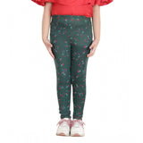 Bottle green floral elasticated jeggings for girls made of cotton lycra, perfect for casual wear