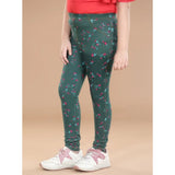 Bottle green floral cotton lycra elasticated jeggings for girls, comfortable casual wear