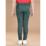 Bottle green floral cotton lycra jeggings for girls, elastic waist