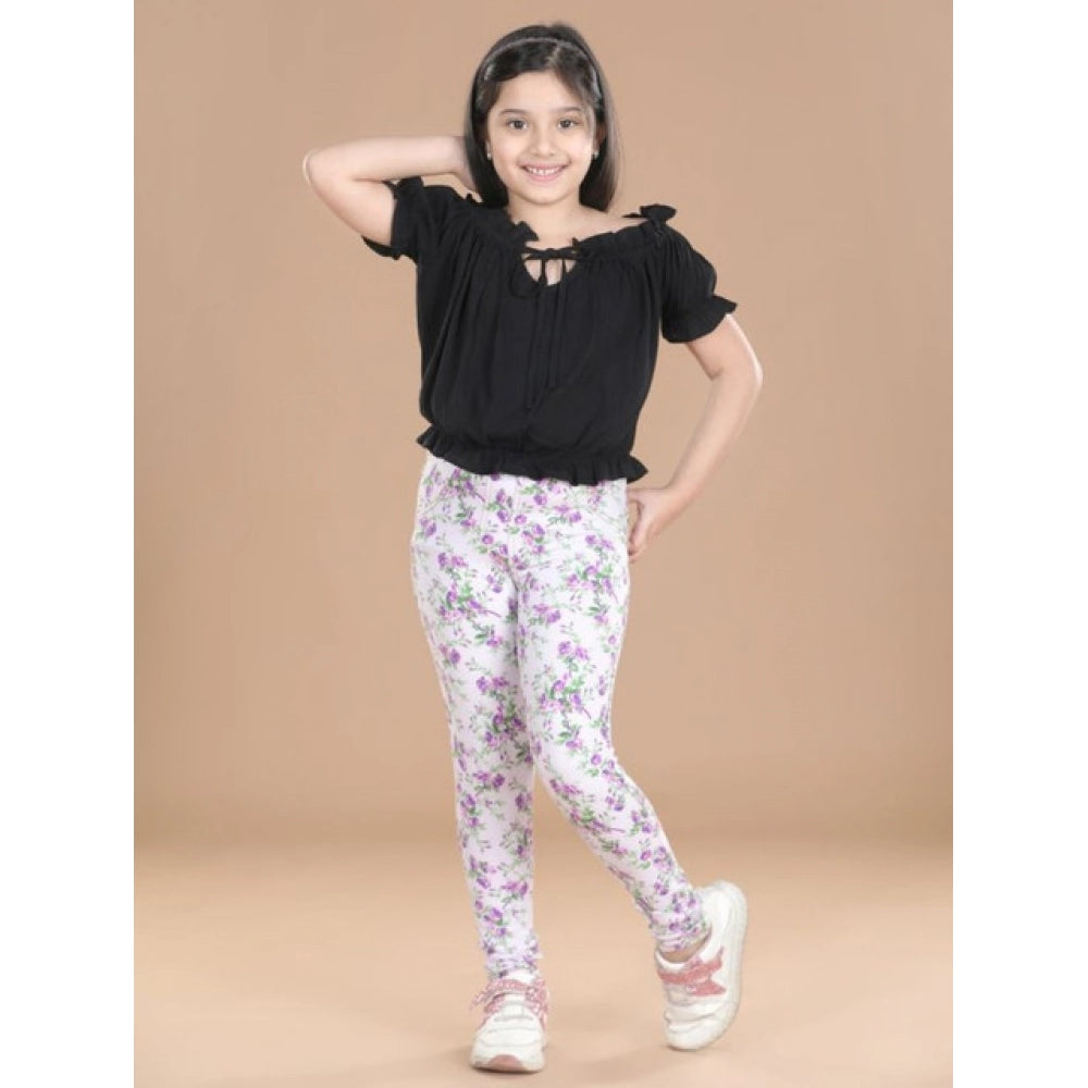 Cotton Lycra lavender floral elasticated jeggings for girls, comfortable stretchy leggings with floral print