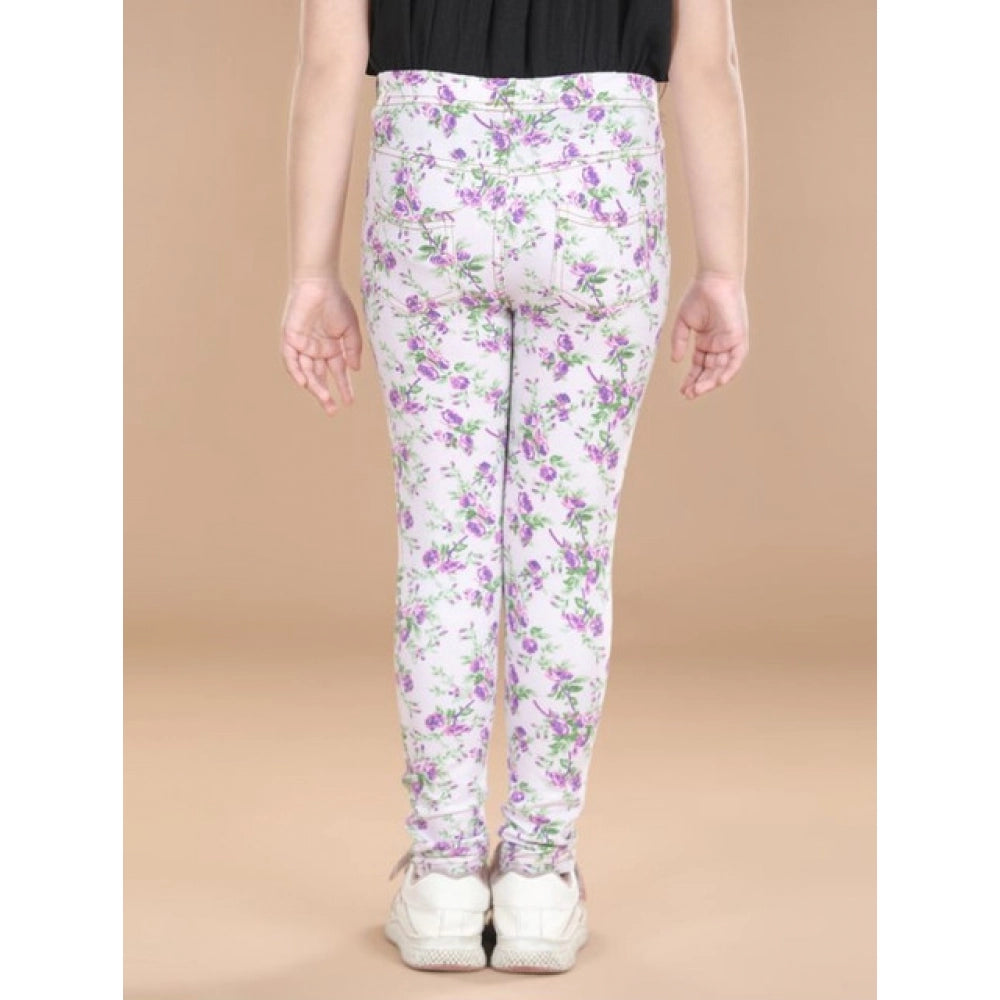 Cotton Lycra floral elasticated jeggings for girls, lavender color with floral pattern