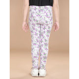 Cotton Lycra floral elasticated jeggings for girls, lavender color with floral pattern