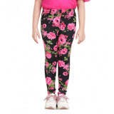 Black-Pink cotton lycra girl's floral elasticated jeggings, vibrant floral pattern on stretchy denim-like pants