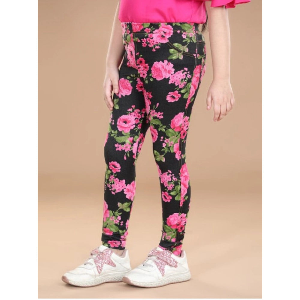 Black-Pink floral elasticated cotton lycra jeggings for girls, fashionable and comfortable