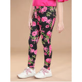Black-Pink floral elasticated cotton lycra jeggings for girls, fashionable and comfortable