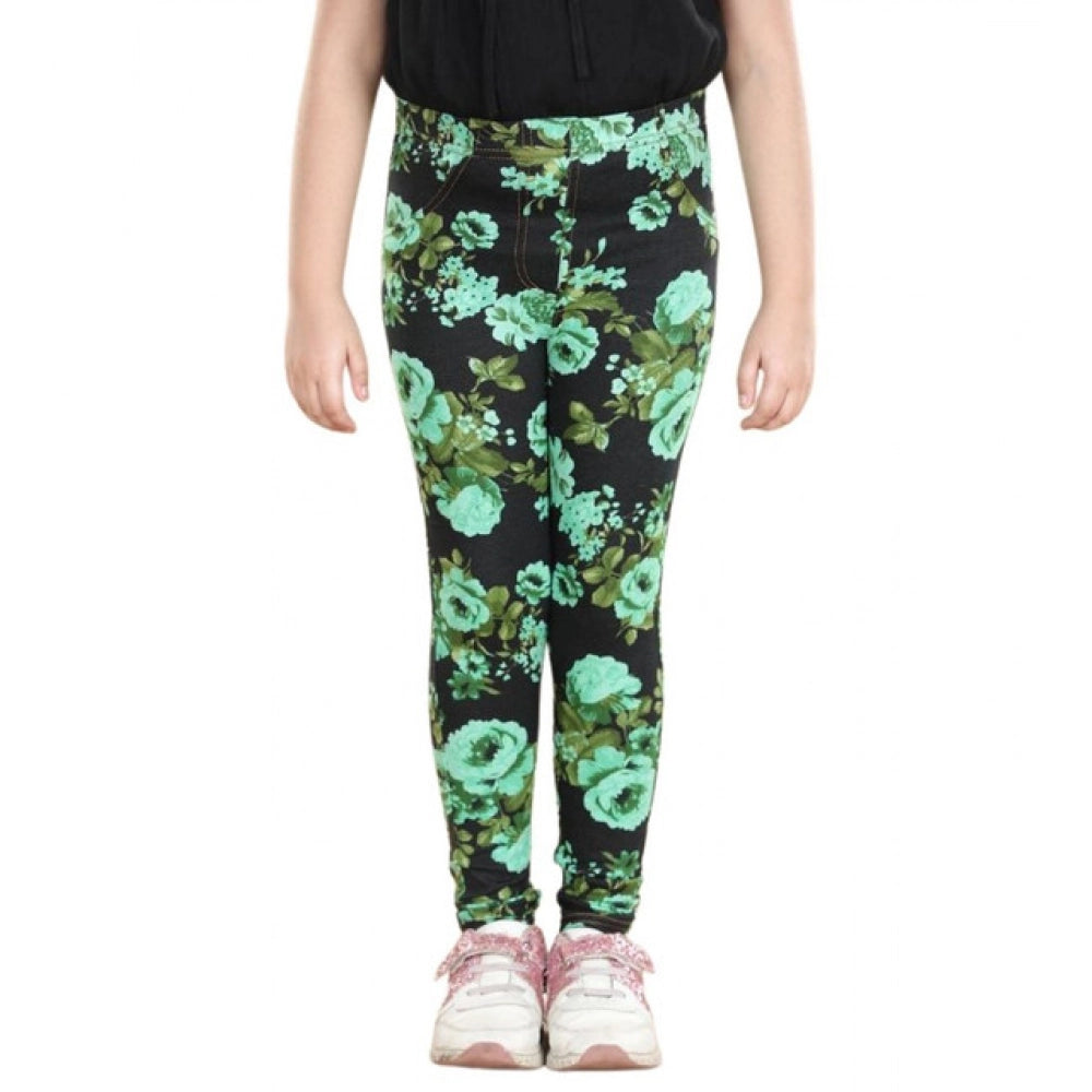 Black-Green floral elasticated cotton lycra jeggings for girls, stylish casual wear