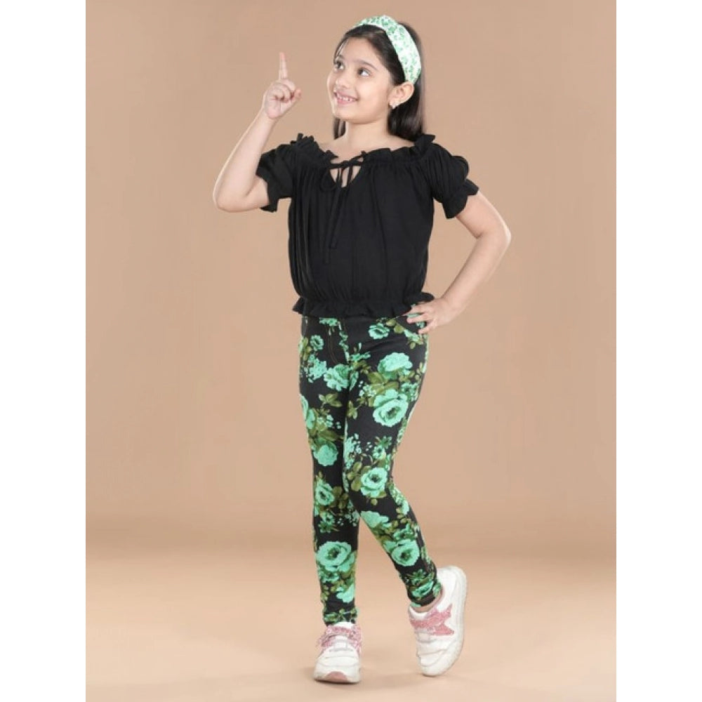 Black-Green floral elasticated cotton lycra jeggings for girls, perfect for casual wear