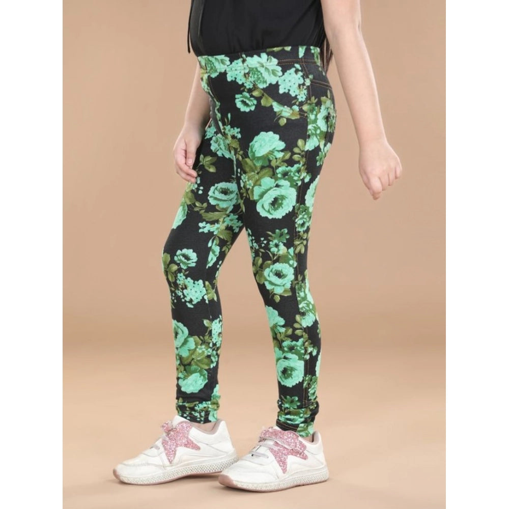 Black-Green floral elasticated jeggings for girls, made from cotton lycra with a floral pattern on waist