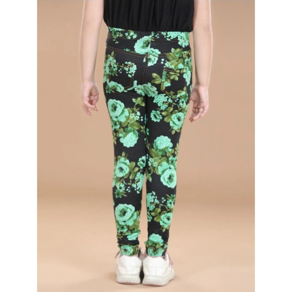 Black-Green floral elasticated jeggings for girls, cotton lycra material with floral pattern