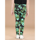 Black-Green floral elasticated jeggings for girls, cotton lycra material with floral pattern