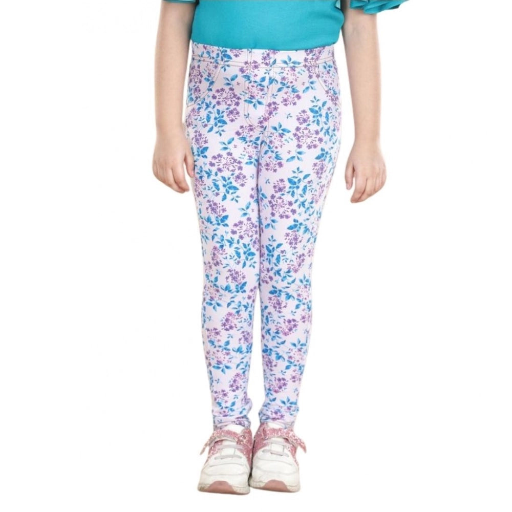White-Turquoise Blue cotton lycra floral elasticated jeggings for girls, ideal for casual wear