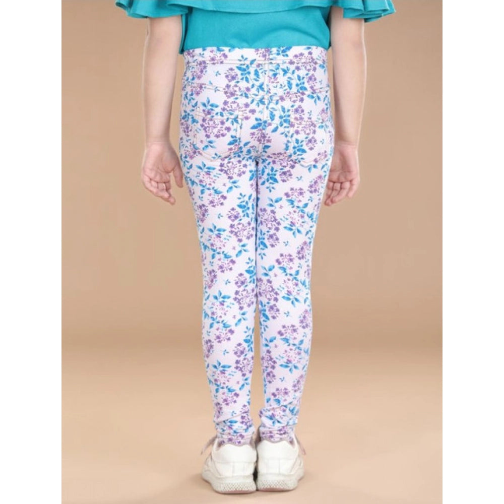 White-Turquoise Blue floral elasticated cotton lycra jeggings for girls, versatile casual wear