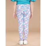 White-Turquoise Blue floral elasticated cotton lycra jeggings for girls, versatile casual wear