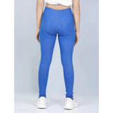 Blue cotton lycra elasticated jeggings for girls, solid design with comfortable fit