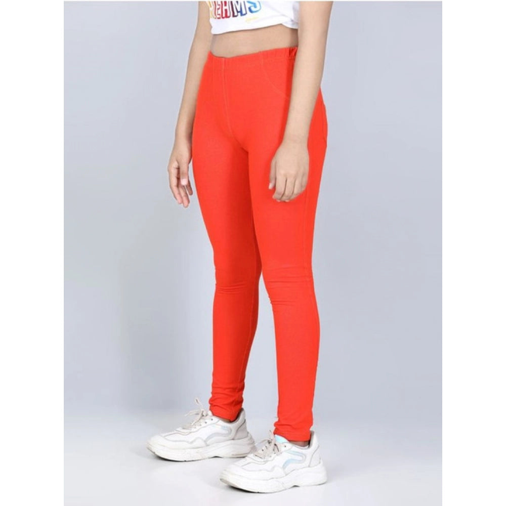 Orange cotton lycra elasticated jeggings for girls