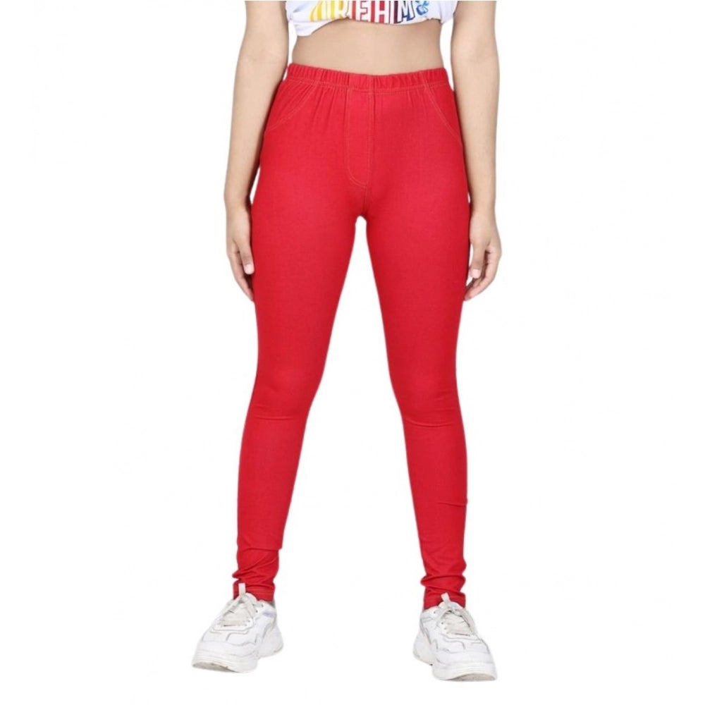 Red cotton lycra elasticated jeggings for girls, comfortable fit for playtime