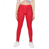 Red cotton lycra elasticated jeggings for girls, comfortable fit for playtime