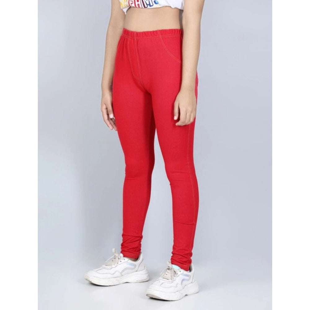 Red cotton lycra elasticated jeggings for girls