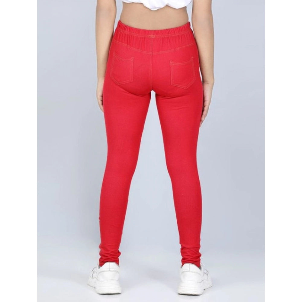 Red cotton lycra girl's elastic jeggings, solid pattern for activewear