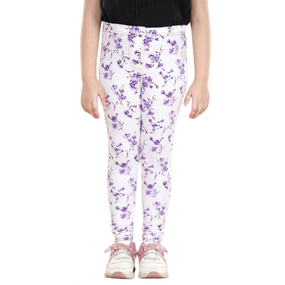 White-Lavender cotton lycra floral elasticated jeggings for girls, perfect for casual wear with a floral pattern