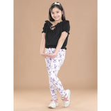 White-Lavender cotton lycra floral elasticated jeggings for girls, ideal for casual wear