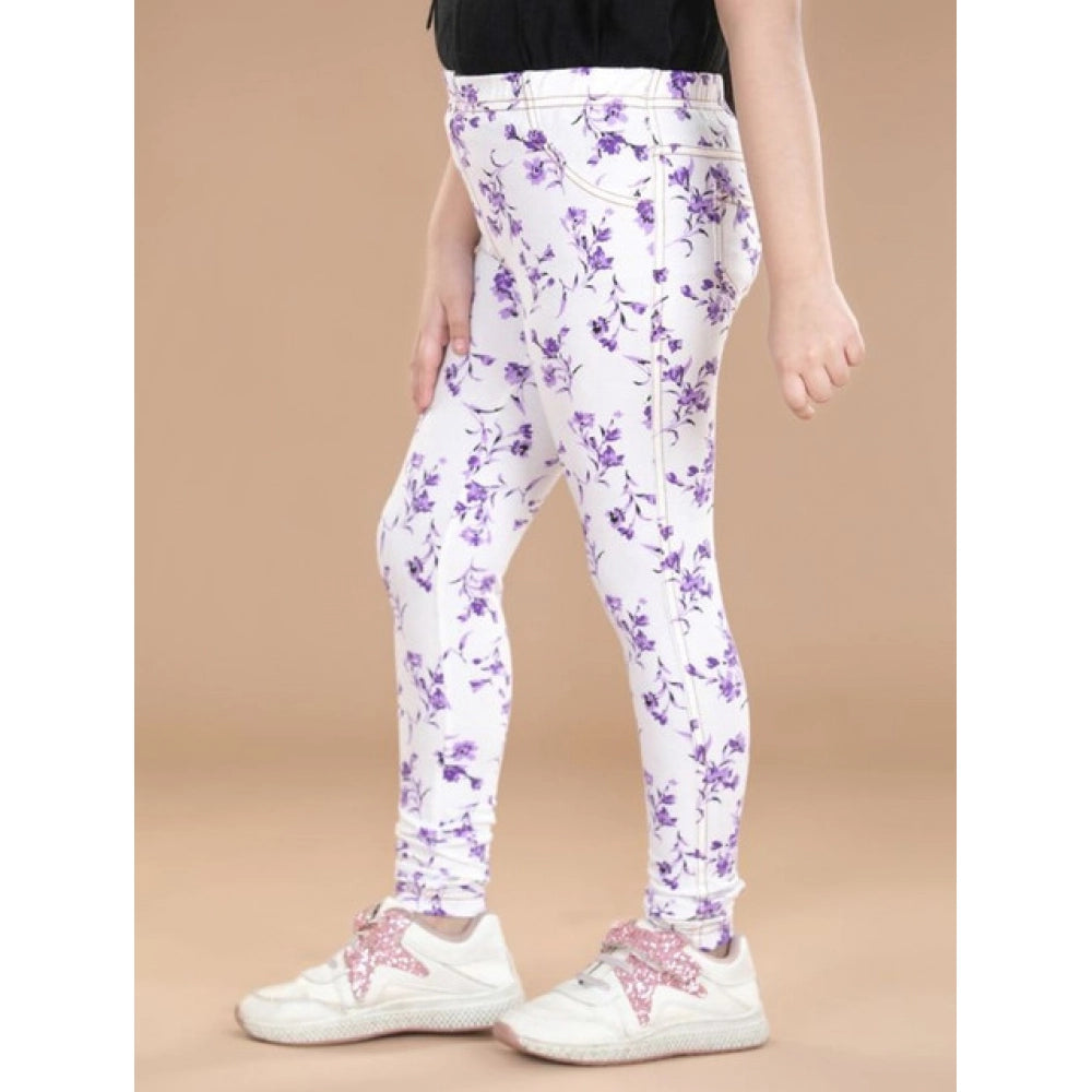 White-Lavender cotton lycra floral elasticated jeggings for girls, ideal for casual wear with a blooming pattern