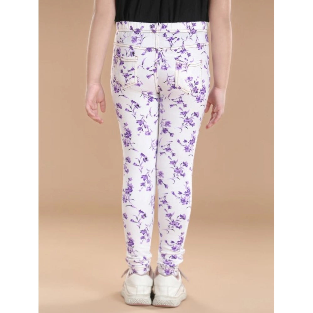 White-Lavender cotton lycra floral elasticated jeggings for girls, perfect for casual wear