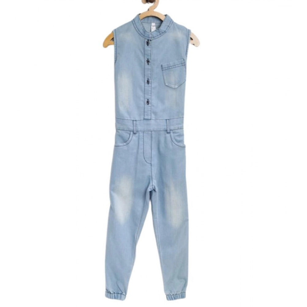 Blue denim embellished sleeveless jumpsuit for girls, intricate details on shirt collar
