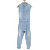 Blue denim embellished sleeveless jumpsuit for girls, intricate details on shirt collar